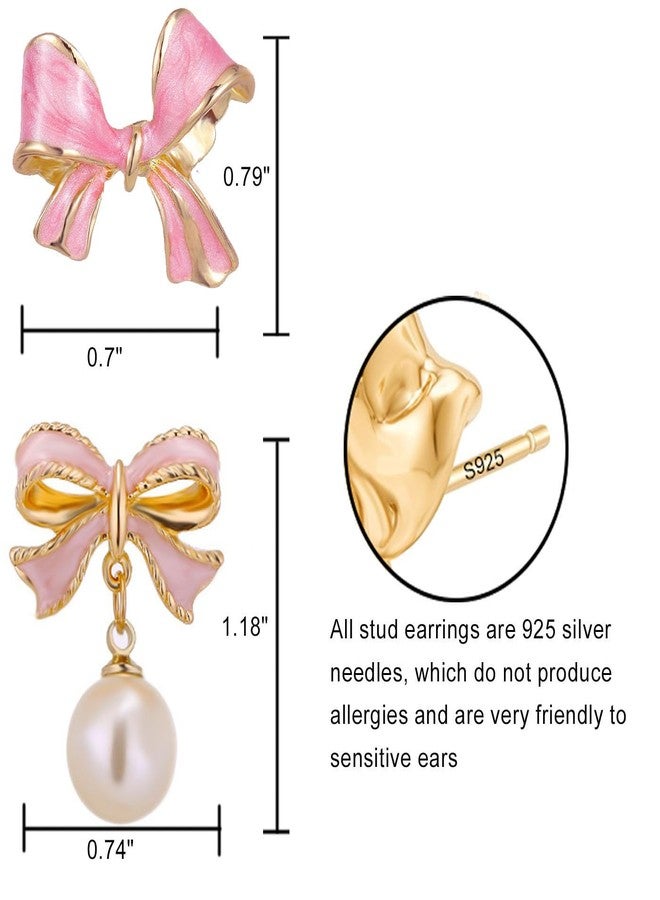 PINCHUAN 2pairs Gold bow Earrings Small Classic bow Stud Earrings Gold Bow Knot Earrings Pearl Earring Pink earring Drop Christmas Earring for Women-2pairs pink/B - Image 2